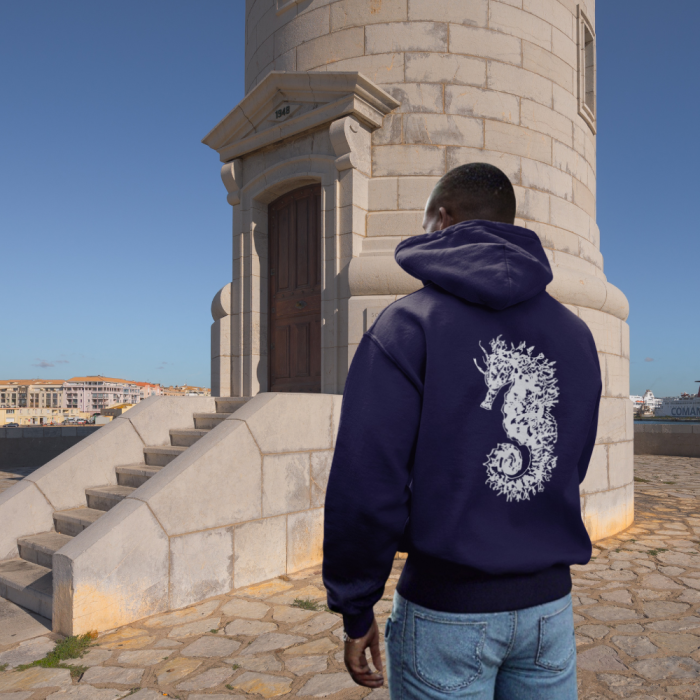 SWEAT A CAPUCHE HIPPOCAMPE BLEU MARINE
